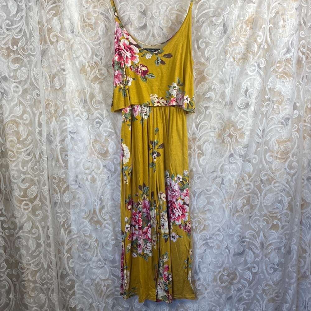 Nimi K Mustard Yellow Boho Chic Floral Jumpsuit Pantsuit Wide leg romper XL